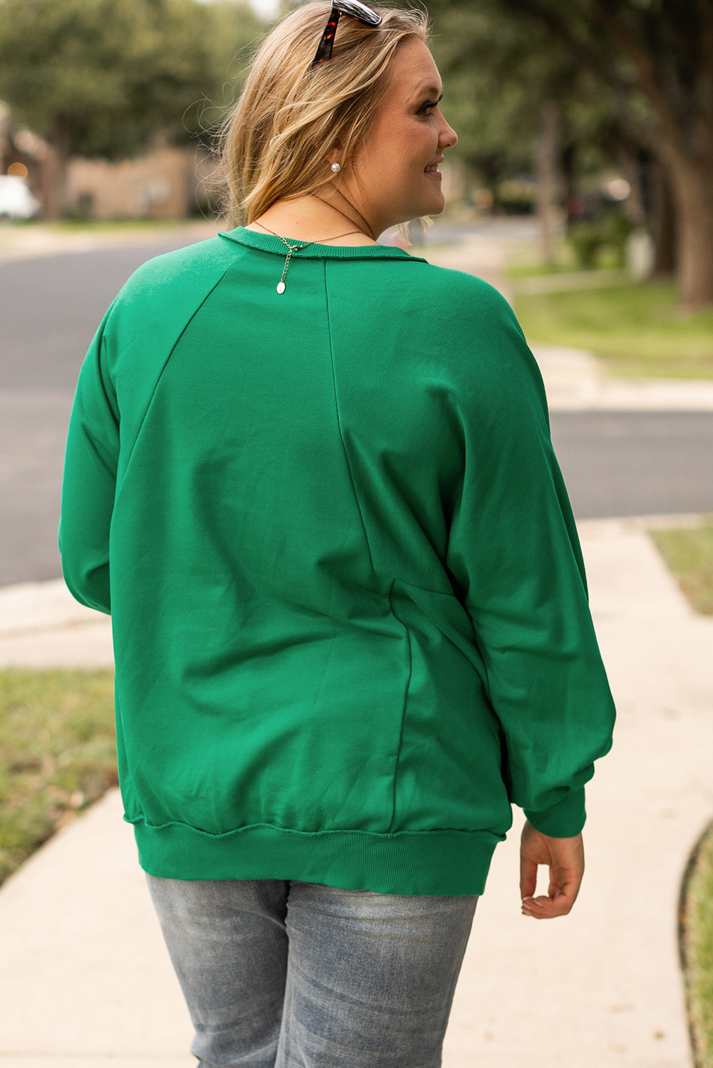 Bright Green Exposed Seam Notched Neck Drop Shoulder Plus Sweatshirt BB Fashion Outlet