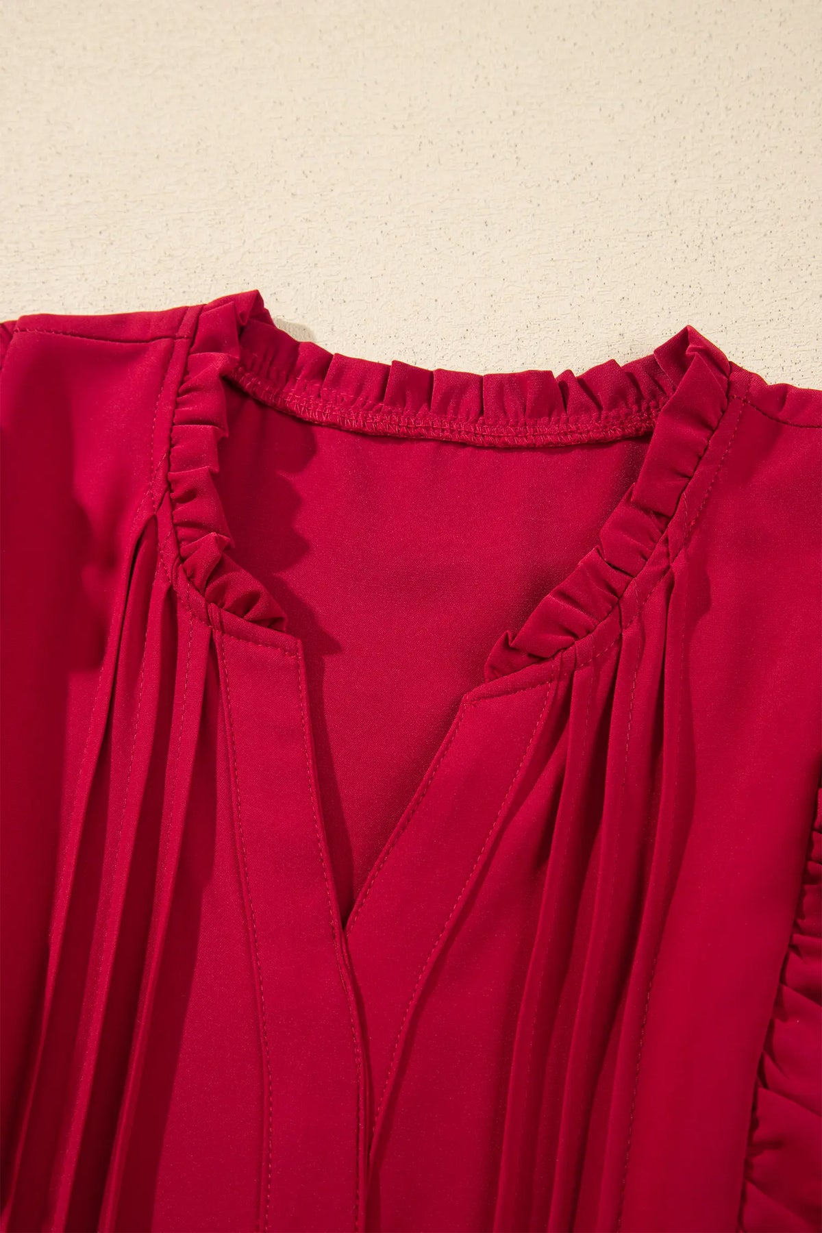 Solid Colour Ruffle Trim Long Sleeve Tiered Shift Midi Dress – Racing Red