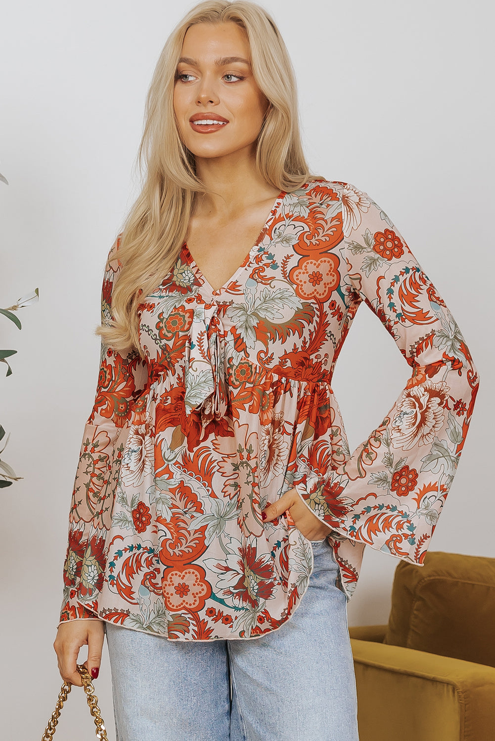 Orange Floral Print Deep V Neck Knot Bell Sleeve Blouse eAura