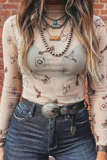 Western Print Slim Fit Mesh Mock Neck Long Sleeve Top