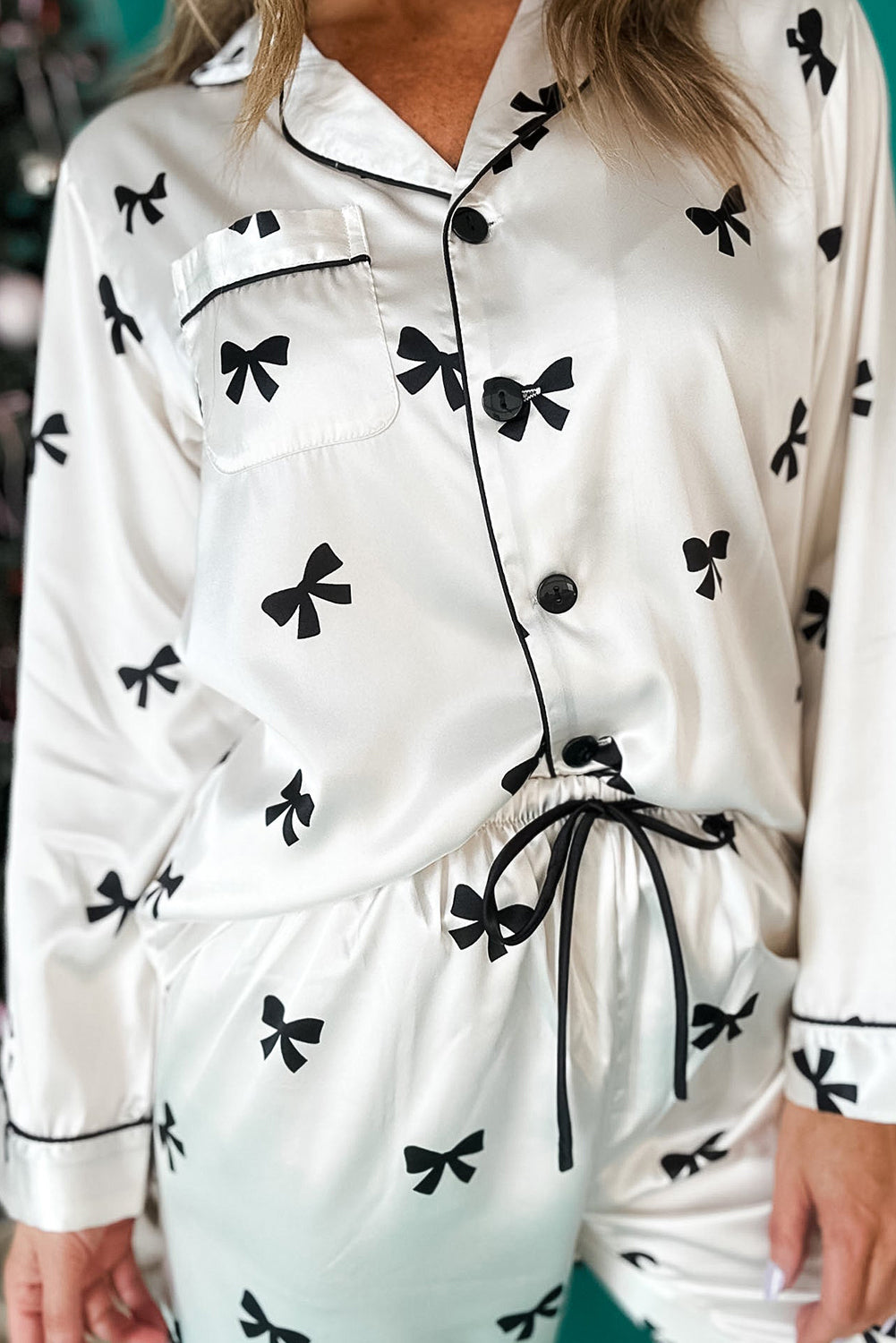 White Bows Print Two Piece Pyjama Set - eAura