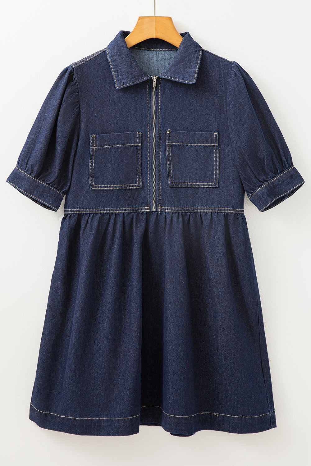 Dirty blue Zipped up Bodice Collared Short Puff Sleeve Denim Dress eAura