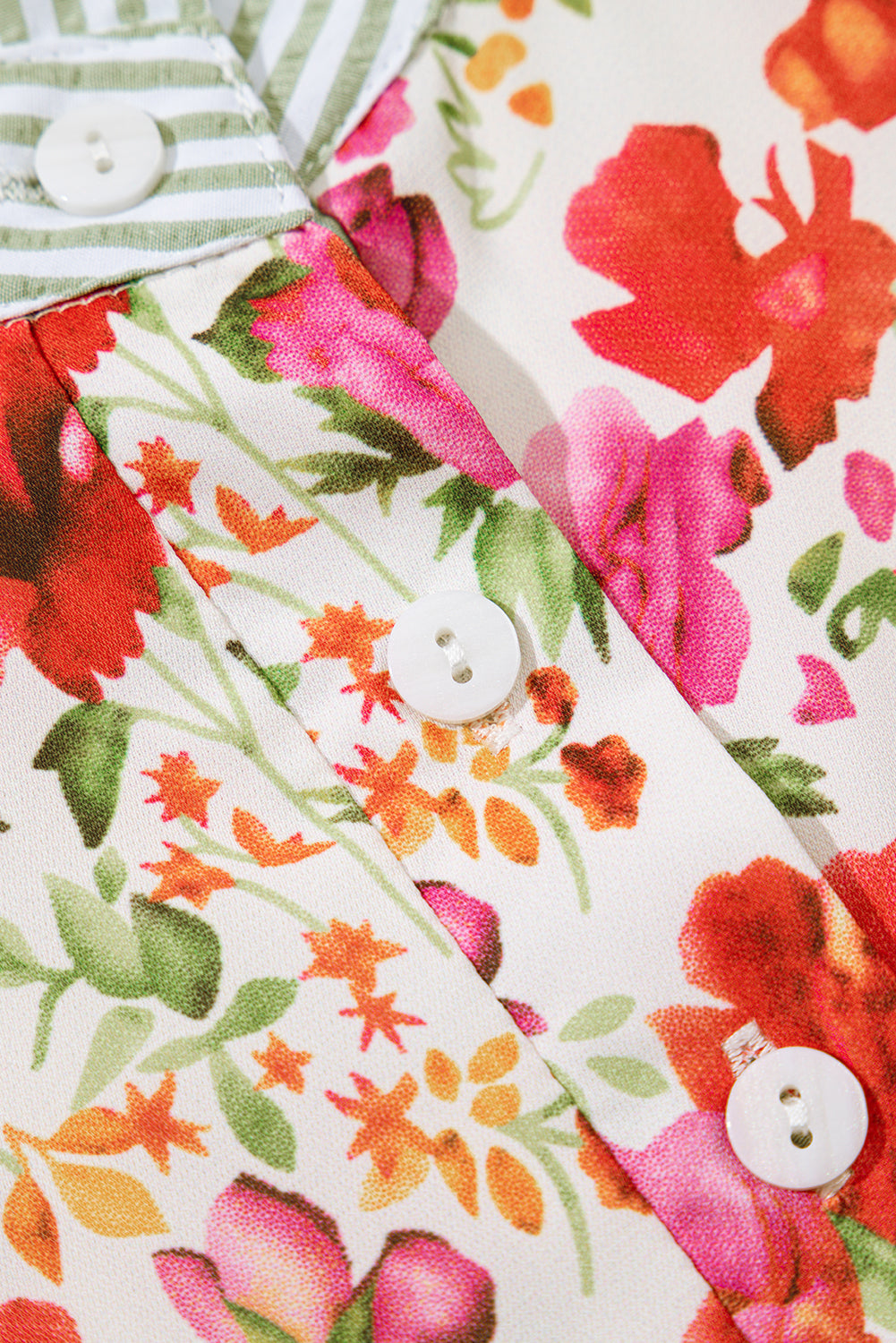Red Floral Print Striped Patchwork Collared Short Sleeve Blouse eAura