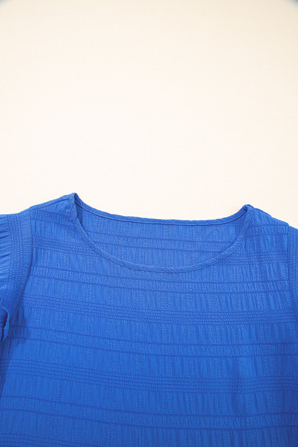 Dark Blue Textured Ruffled Sleeve Round Neck Top BB Fashion Outlet
