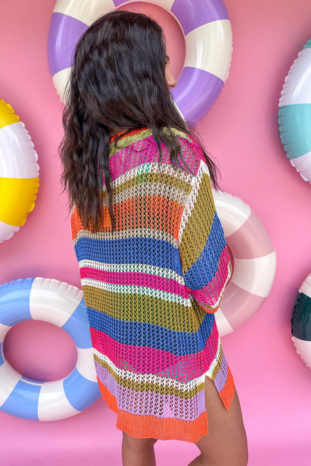 Pink Stripe Colourblock Hollowed Crochet 3/4 Sleeve Sweater eAura