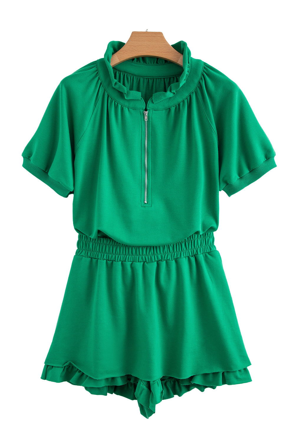 Sea Green Half Zip Puff Sleeve Top and Ruffled Shorts Set eAura