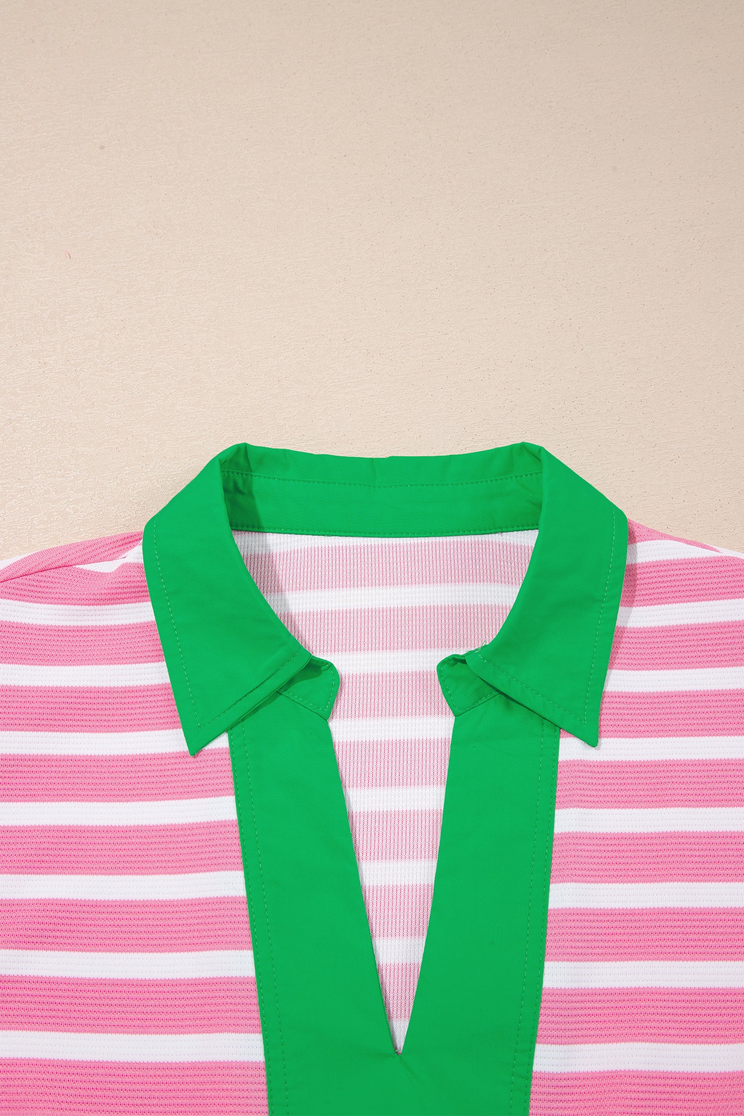 Short Puff Sleeve Color Block Polo Collar Blouse – Pink Stripe