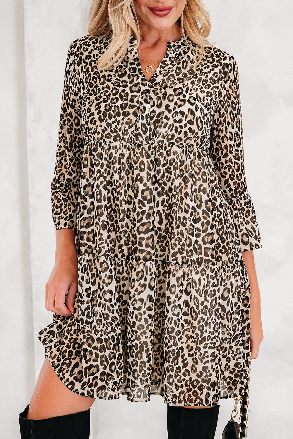 Leopard 3/4 Sleeve V-Neck Smock Dress - eAura