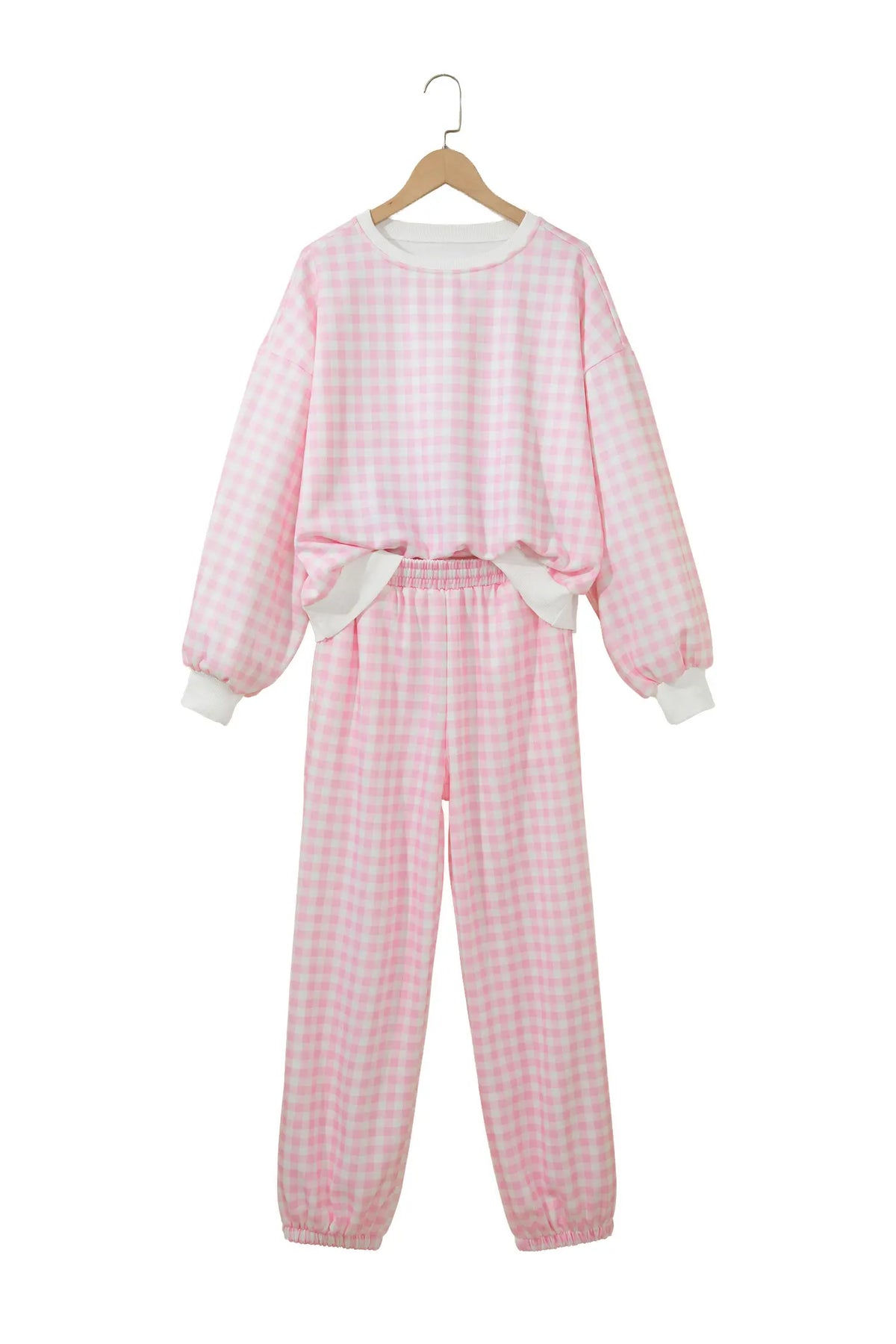 Plaid Long Sleeve Two Piece Pant Set – Pink