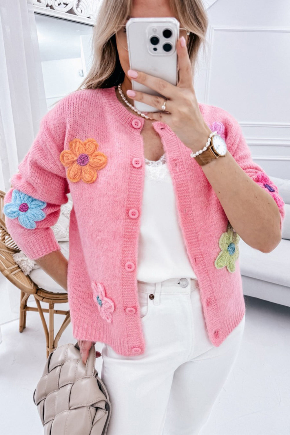 Pink Cute Knitted Floral Pattern Button Up Cardigan eAura