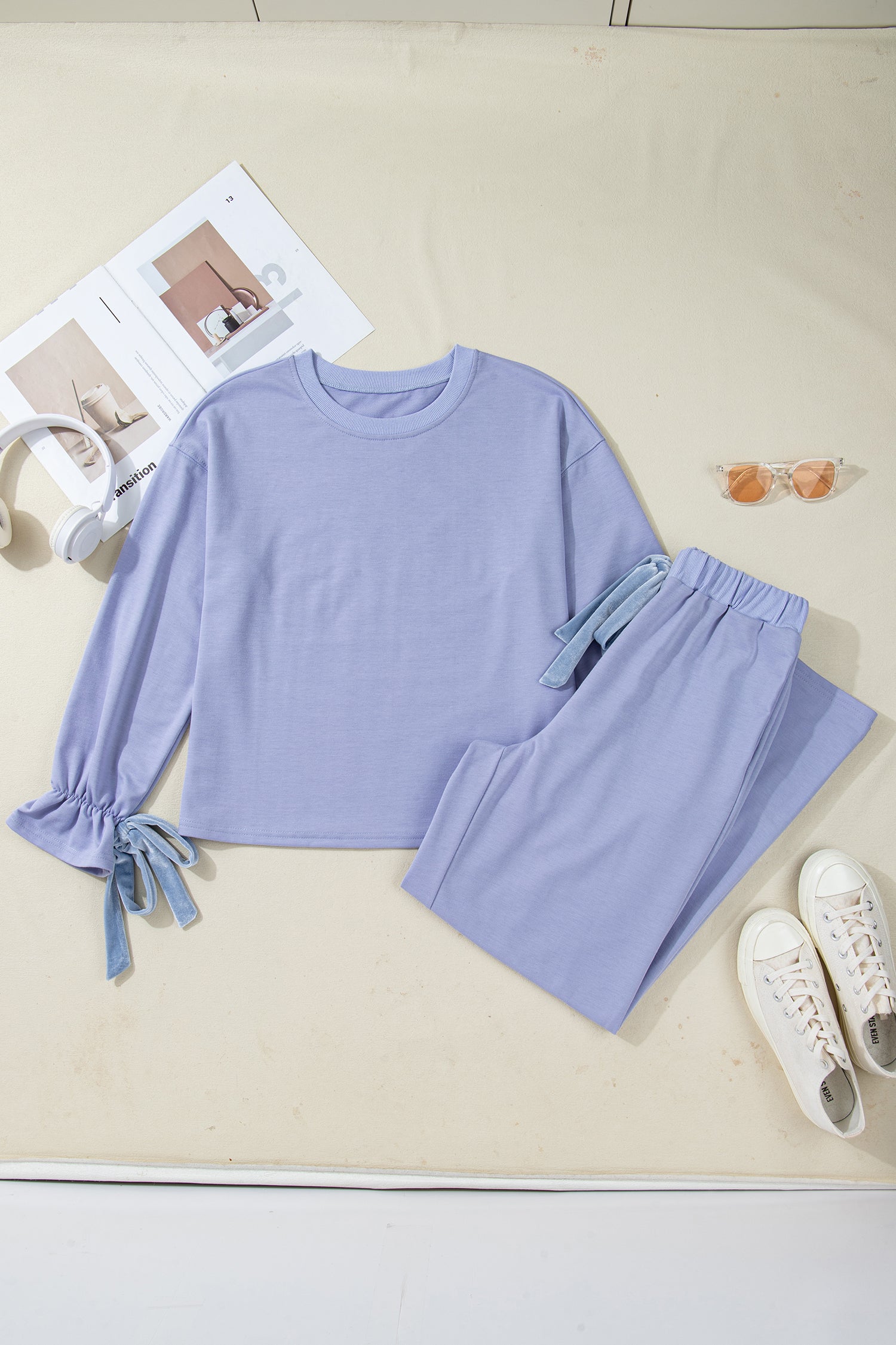 Beau Flounce Long Sleeve Top Drawstring Pants Contrast Velvet Bow Knot 2pcs Lounge Set – Blue