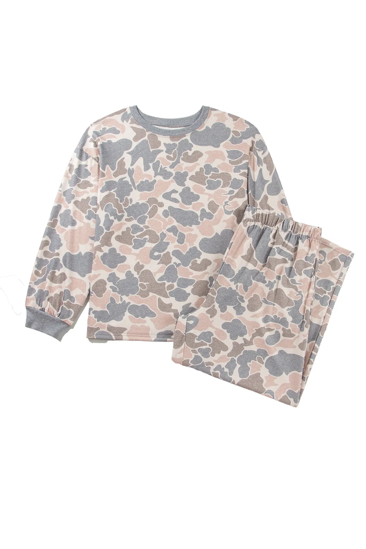 Camouflage Long Sleeve Round Neck Two-Piece Plus Size Set – Multicolour
