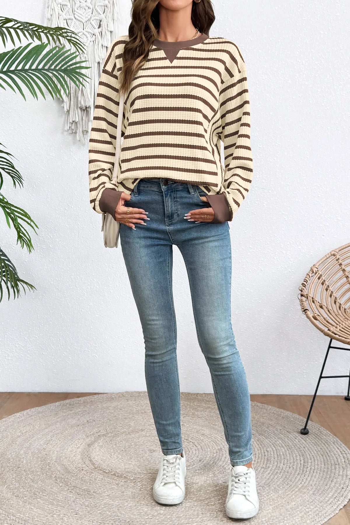 Patchwork Ribbed Cuff Casual Pullover Sweatshirt – Brown Stripe