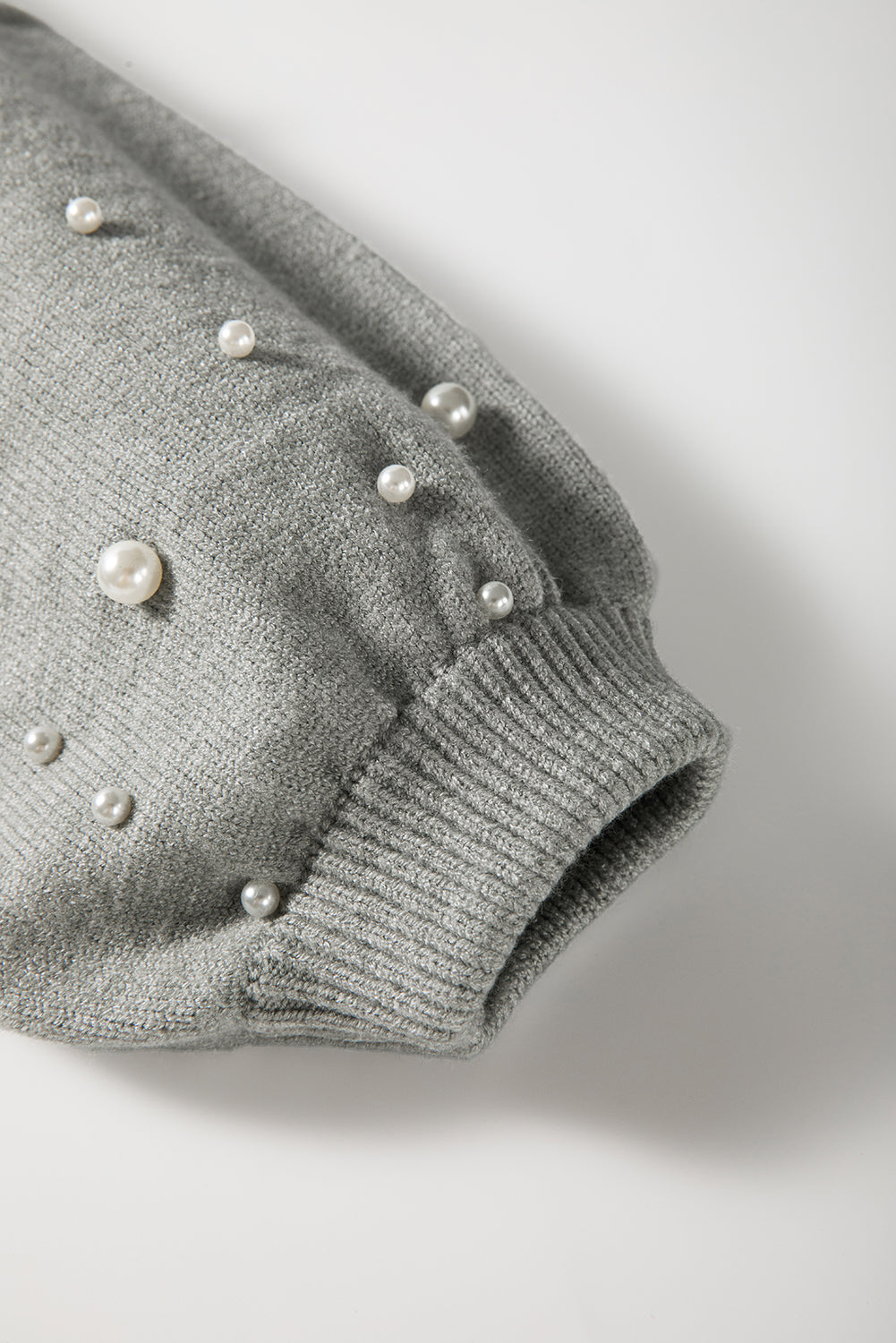 Light Grey Pearled Drop Shoulder Round Neck Sweater eAura