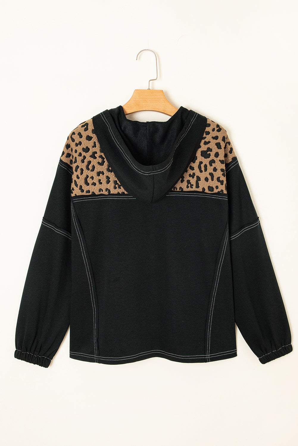 Leopard Patchwork Contrast Stitching Knotted Cuff Quarter Zip Hoodie - eAura