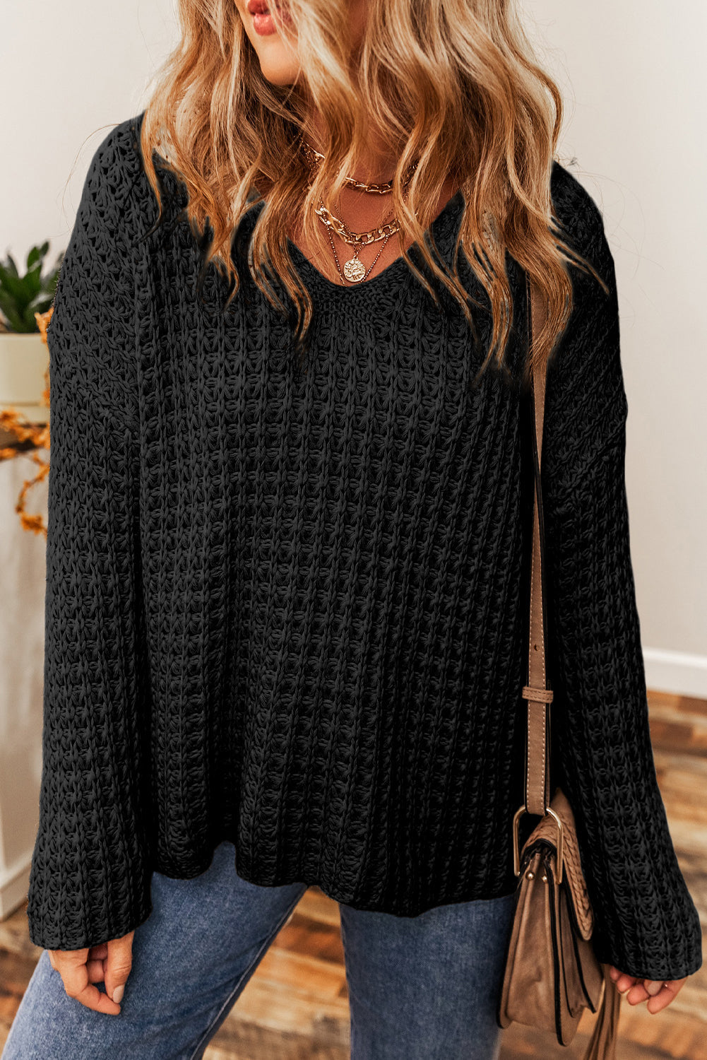 Black Hollow-out Crochet V Neck Sweater eAura
