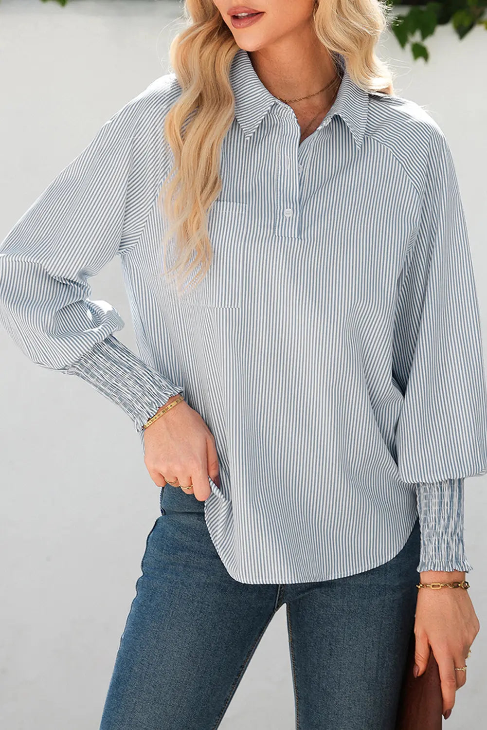 Pinstripe Long Sleeve Smocked Cuffs Button Shirt Collar Blouse – Sky Blue Stripe