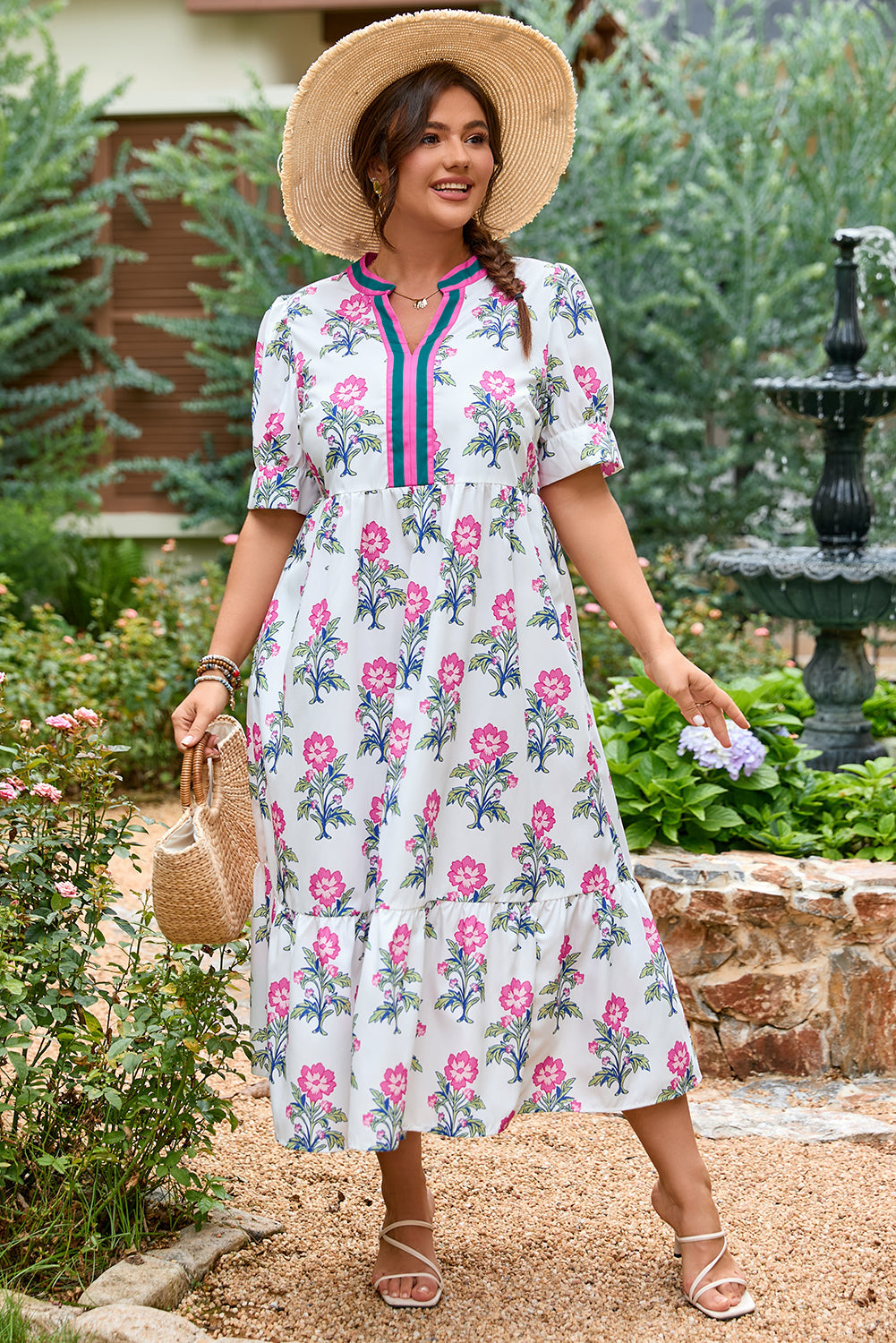 Print Contrast Split Neckline Short Puff Sleeve Curvy Dress BB Fashion Outlet