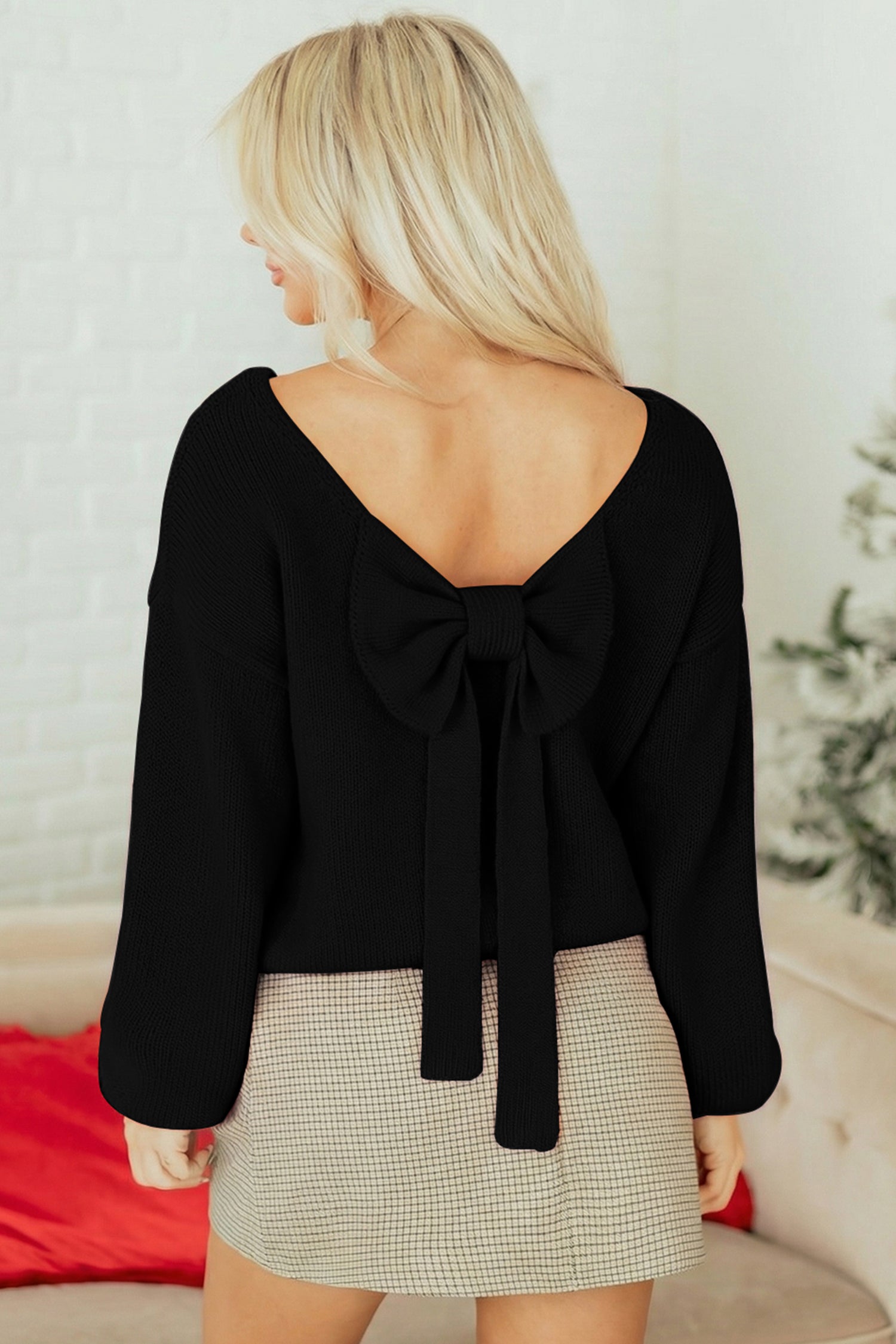 Bow Backless Bubble Sleeve Sweater - Sweaters & Cardigans/Sweaters