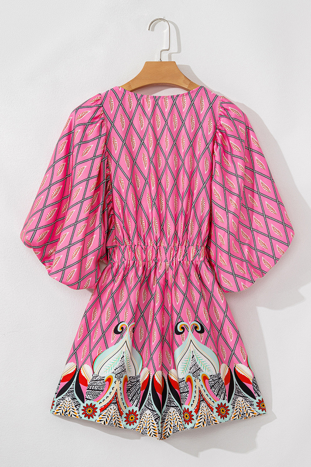 Pink Paisley Geometric Print V Neck High Waist Romper eAura