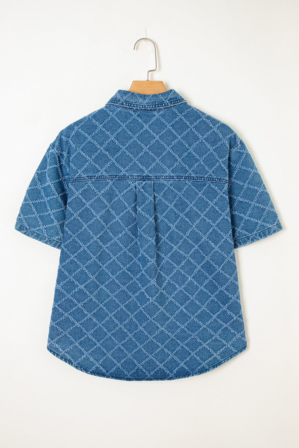 Dusk Blue Checkered Textured Short Sleeve Patched Pocket Denim Shirt eAura