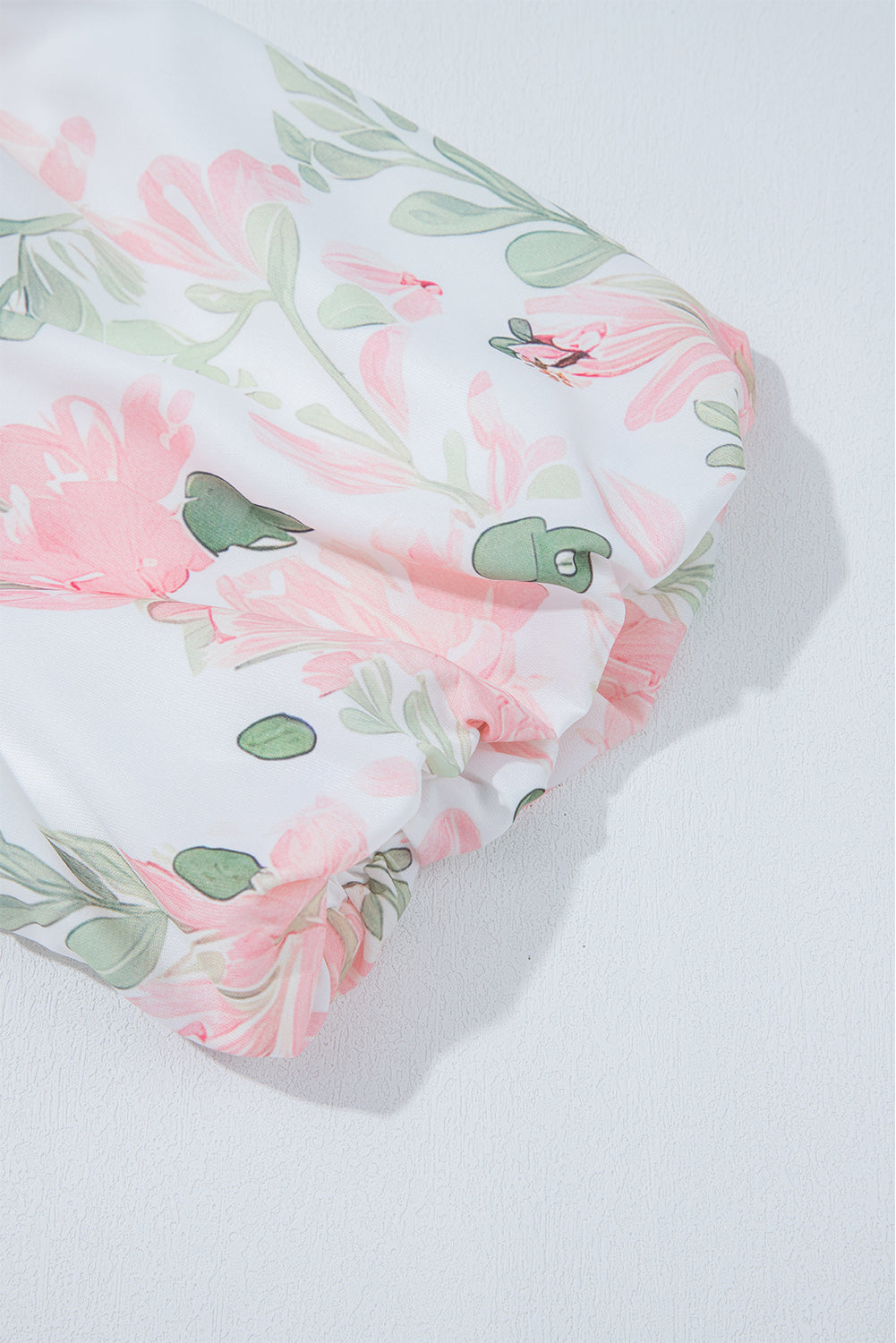 Pink Floral Puff Sleeve V Neck Tied Front Peplum Blouse eAura