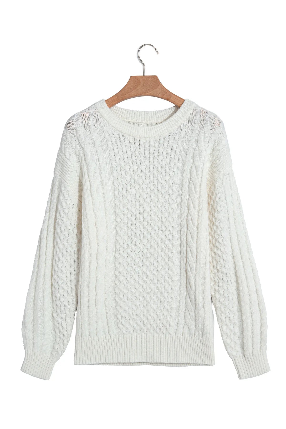 Solid Colour Cable Detail Knit Loose Round Neck Sweater – Beige