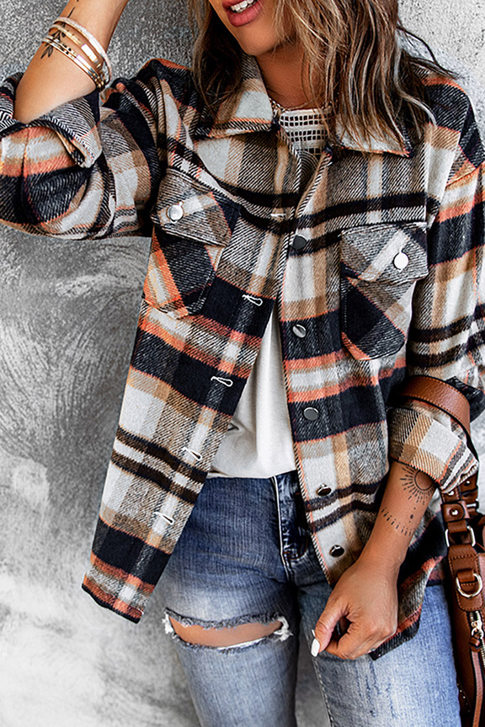 Geometric Plaid Print Pocketed Shacket eAura