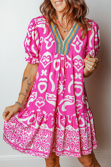 Boho Mixed Print Contrast Trim V-Neck Short Sleeve Flared Dress