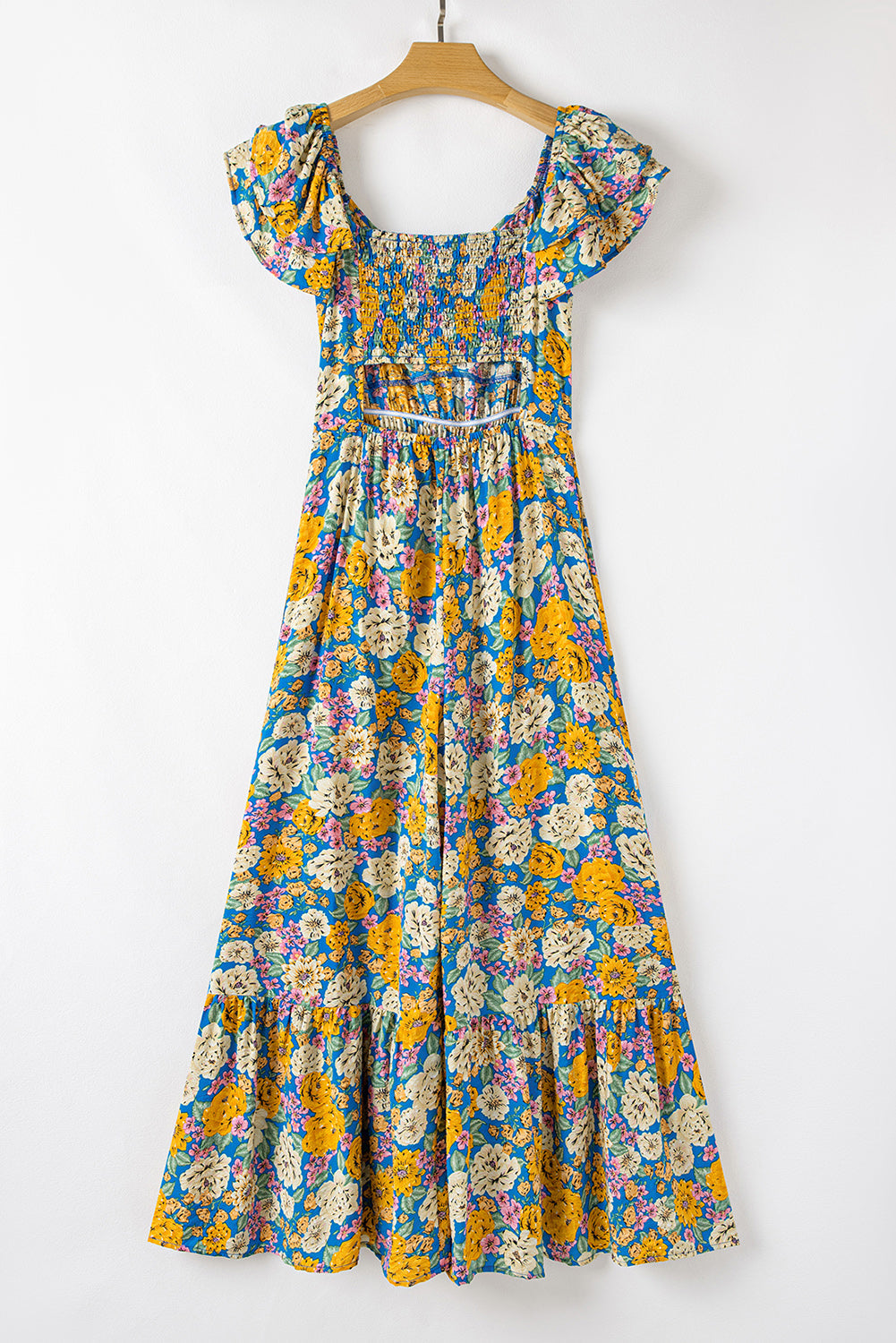 Yellow Floral Allover Print Shirred Cut Out High Waist Jumpsuit eAura