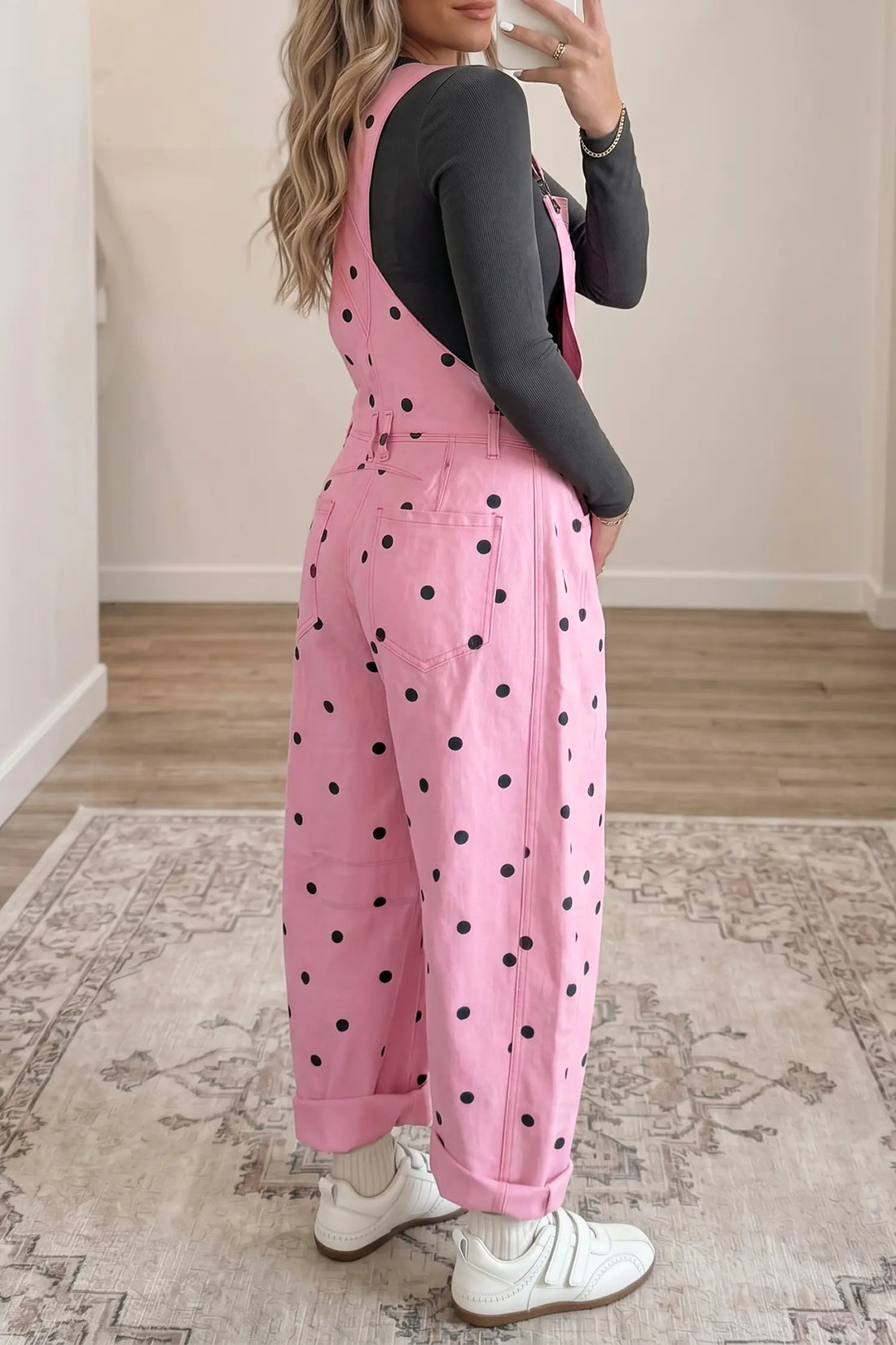 Polka Dot Print Bib Pocket Denim Barrel Overalls