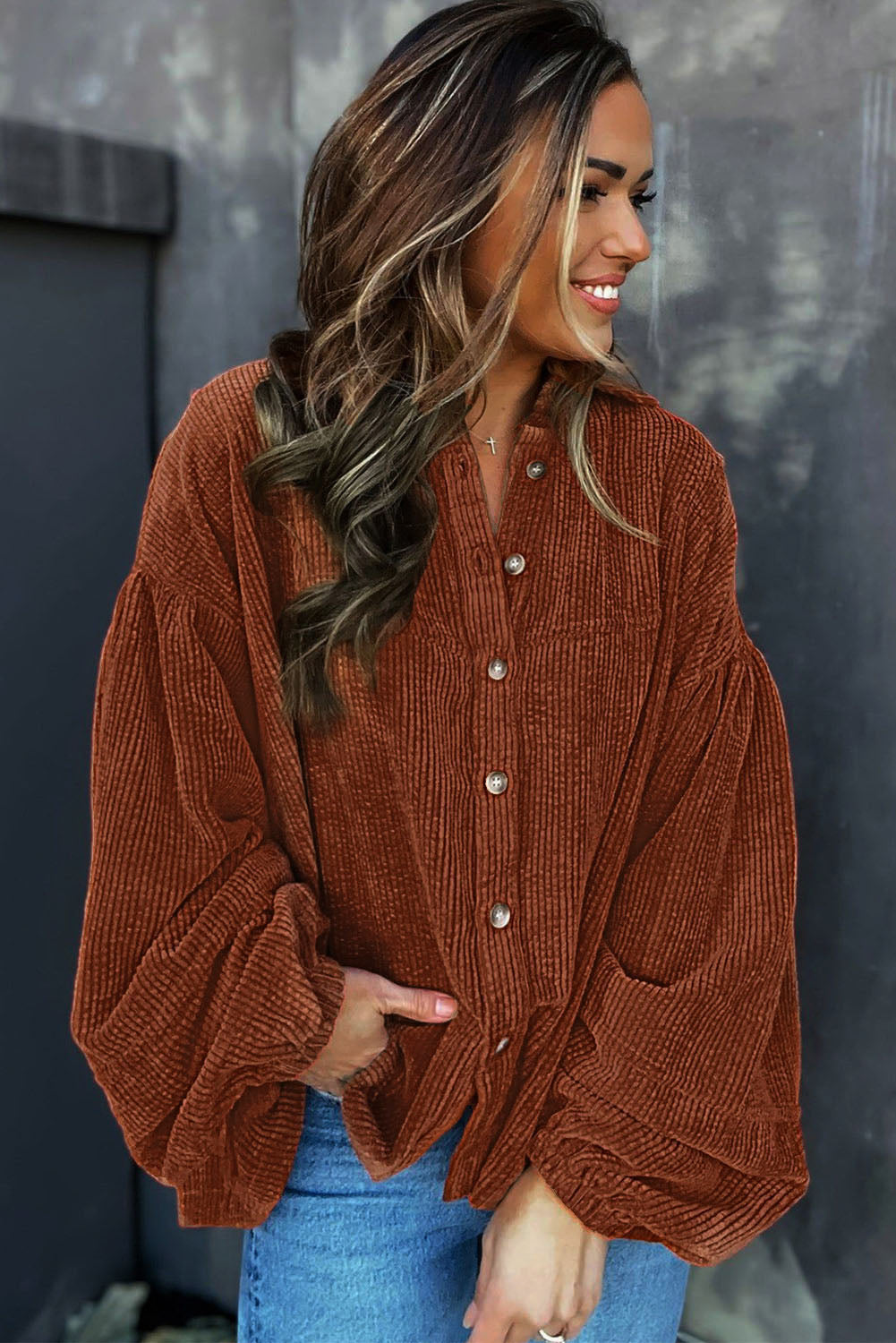 Coffee Textured Corduroy Puff Sleeve Shacket eAura