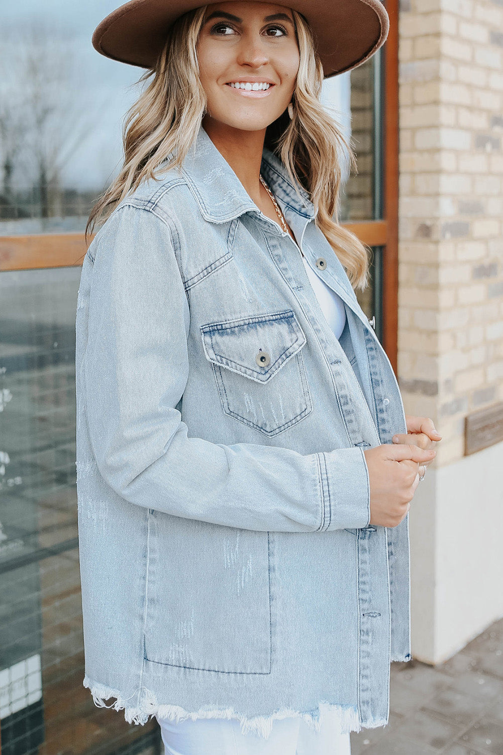 Sky Blue Flap Pocket Buttoned Raw Hem Denim Jacket eAura