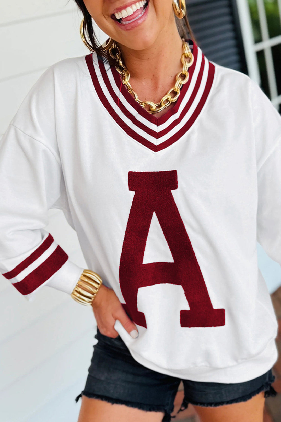 Chenille Letter A Graphic Varsity Striped V-Neck Puff Sleeve Sweatshirt - eAura