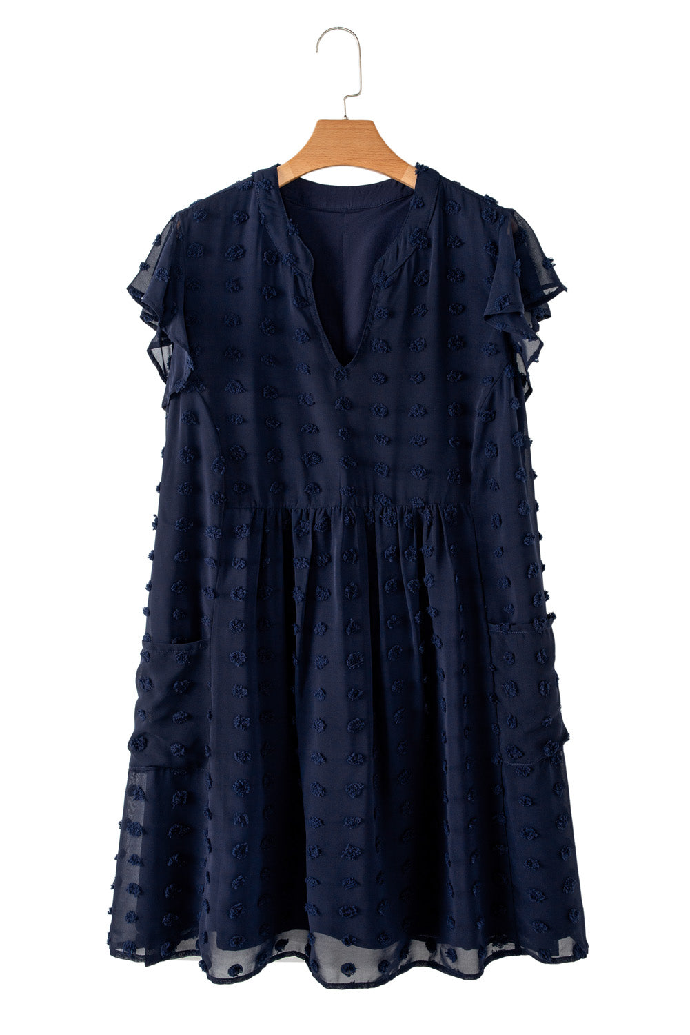 Navy Blue Dotty Textured Notched Neck Plus Ruffled Dress BB Fashion Outlet