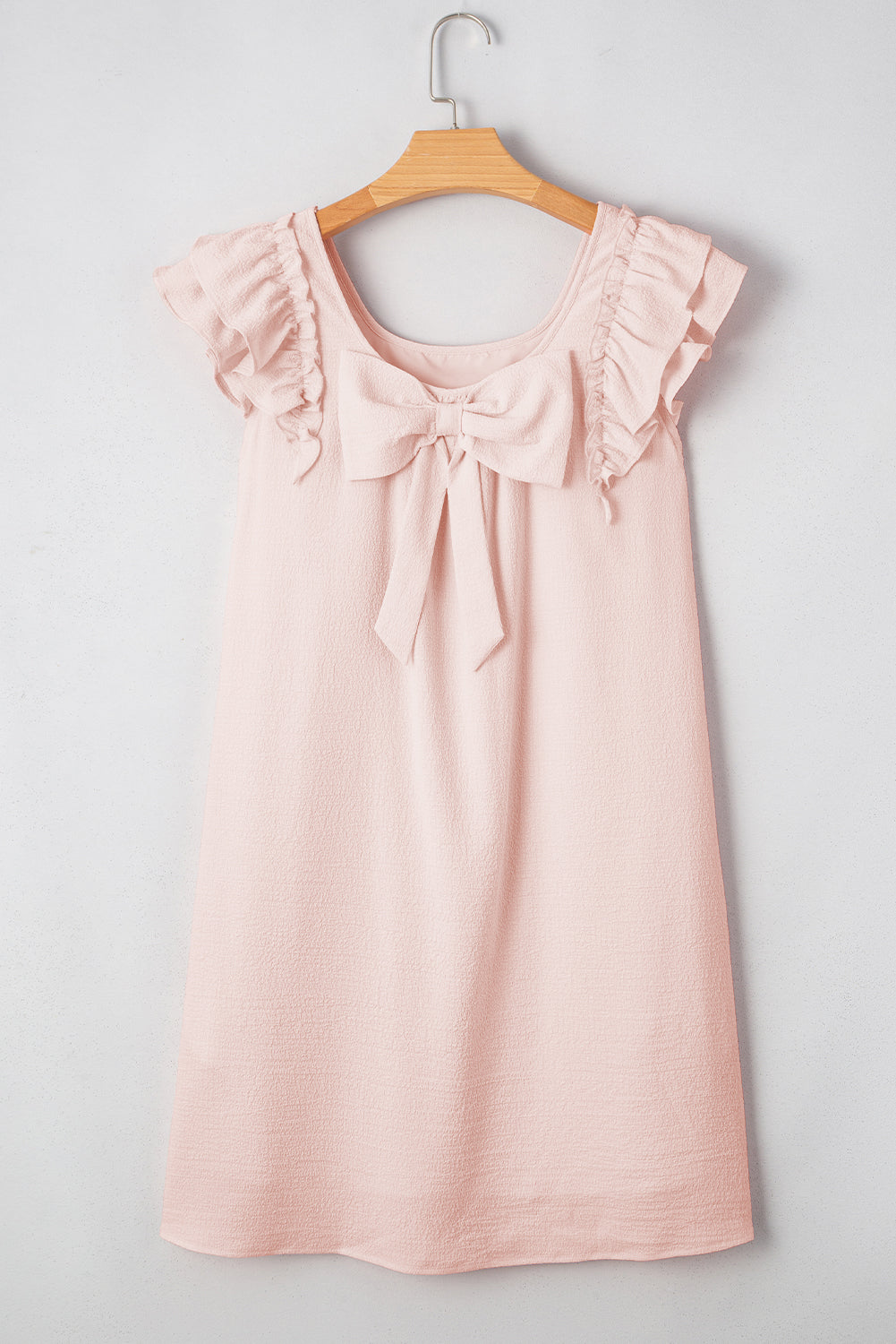 Light Pink Textured Flutter Sleeve Square Neck Bow Back Mini Dress eAura