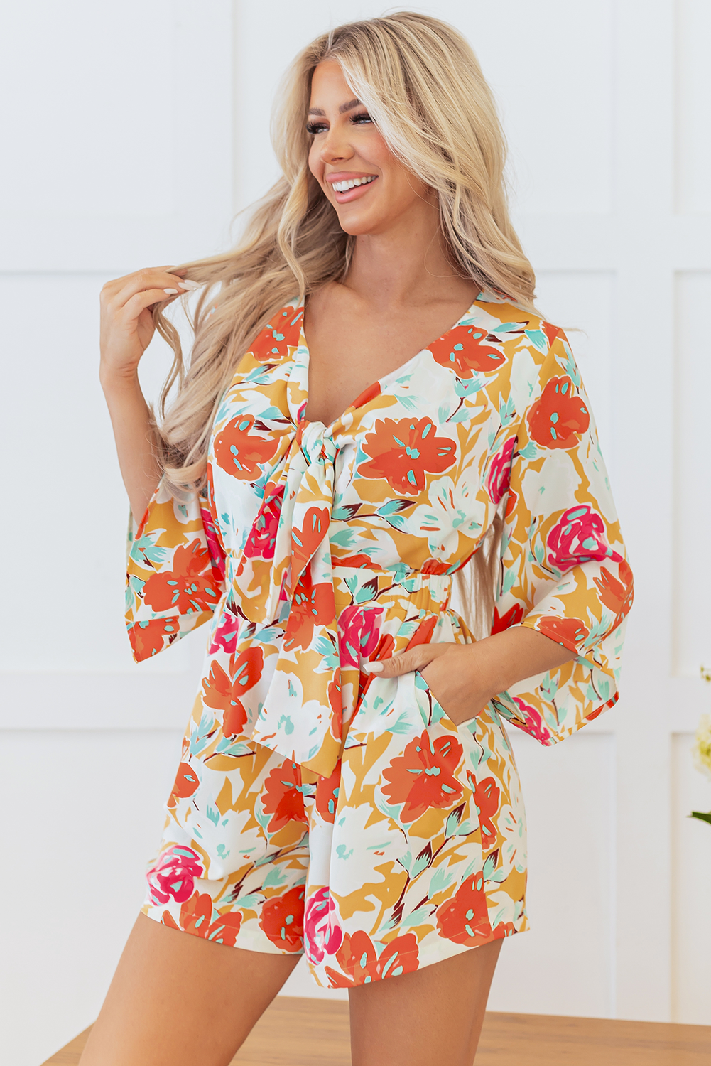 Orange Blooming Floral Print Front Tie Romper Beagle Boutique Fashion Outlet