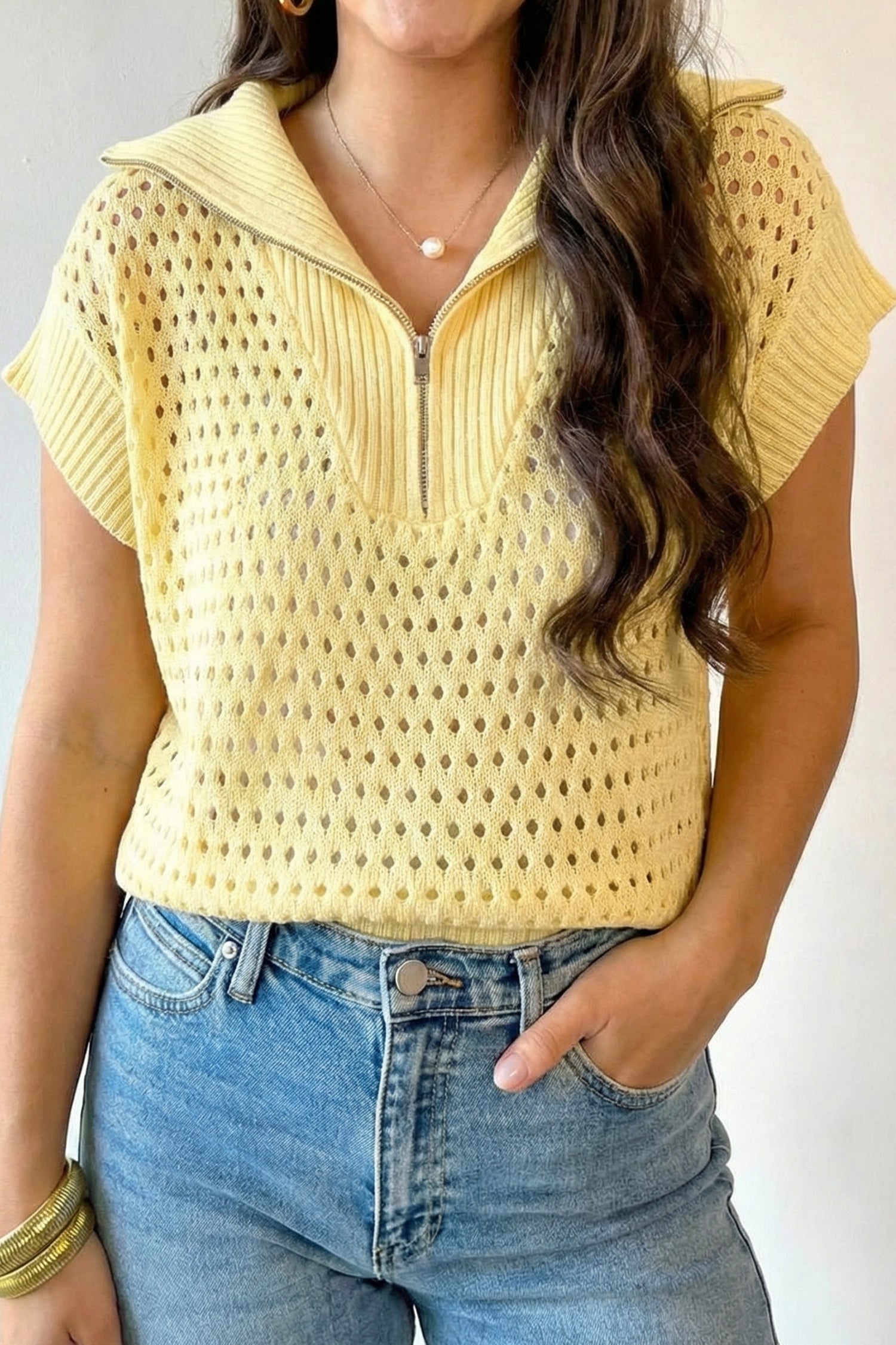 Sky Blue Solid Color Hollowed Knit Short Sleeve Zipper Collar Knitwear Top – Light Blue