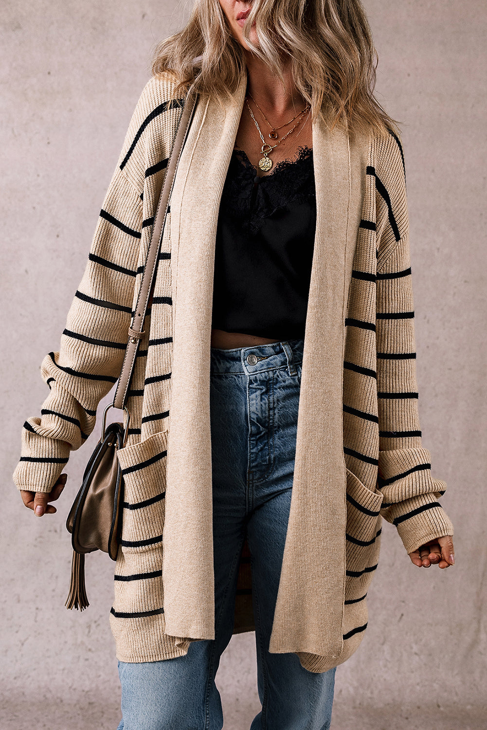 Black Stripe Shawl Neckline Open Cardigan with Pockets eAura