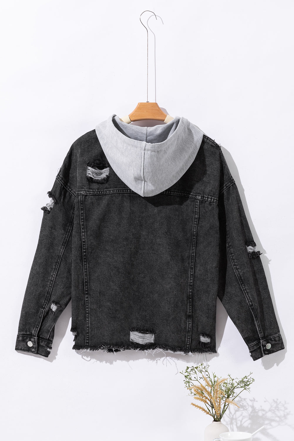 Black Drawstring Hooded Frayed Denim Jacket eAura
