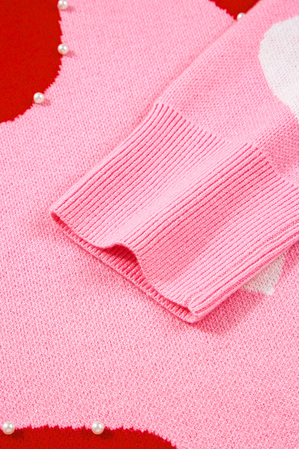 Pink Pearl Embellished Heart Pattern Sweater - eAura