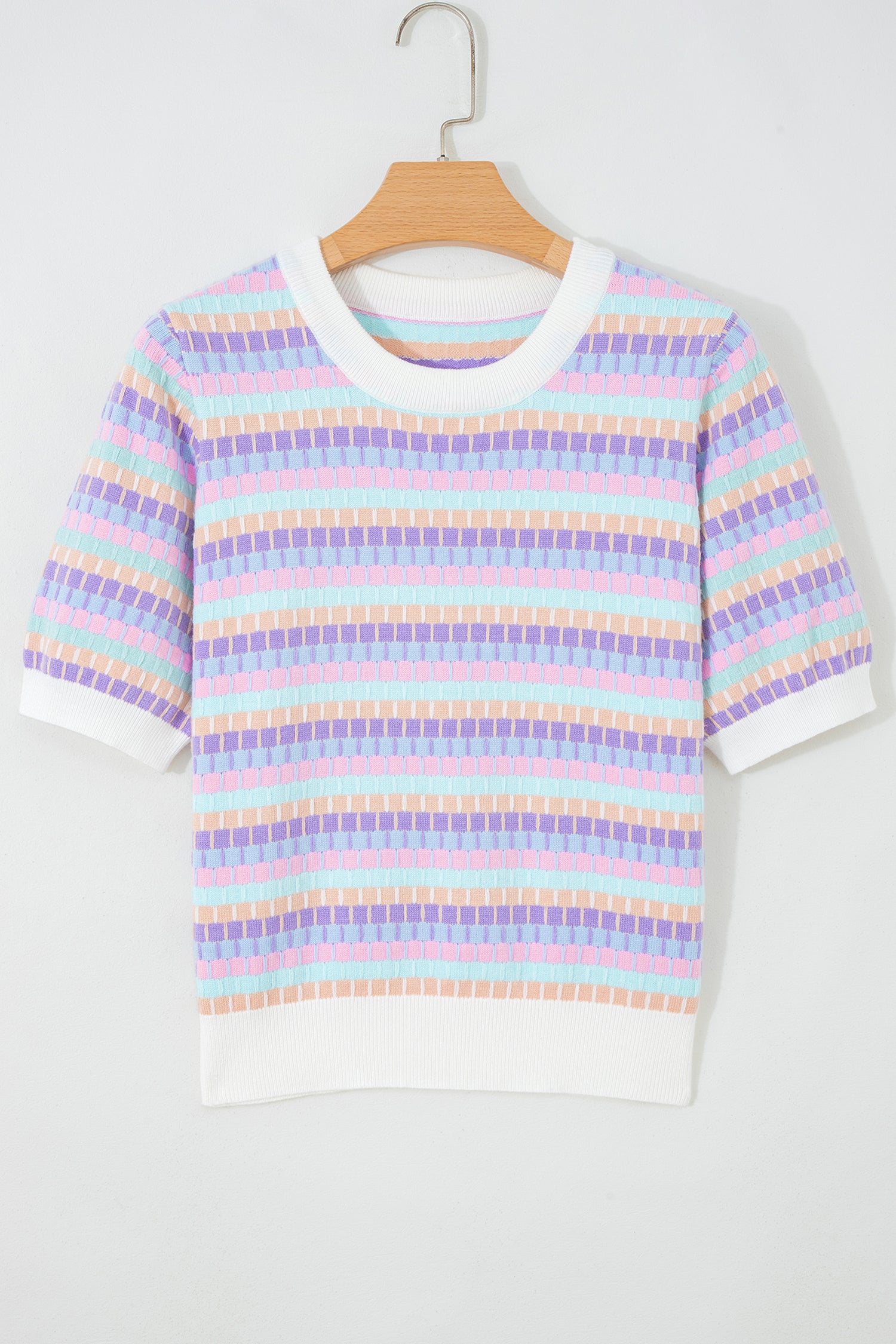 Abstract Striped Knit Short Sleeve Sweater