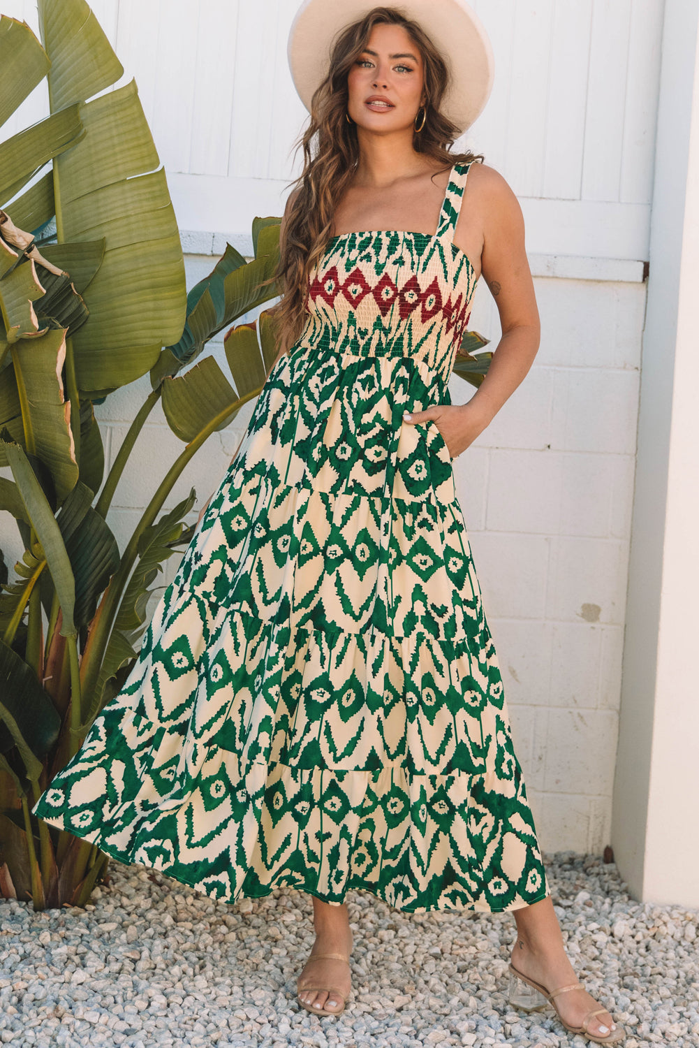 Green Western Aztec Shirred A-line Sleeveless Maxi Dress BB Fashion Outlet