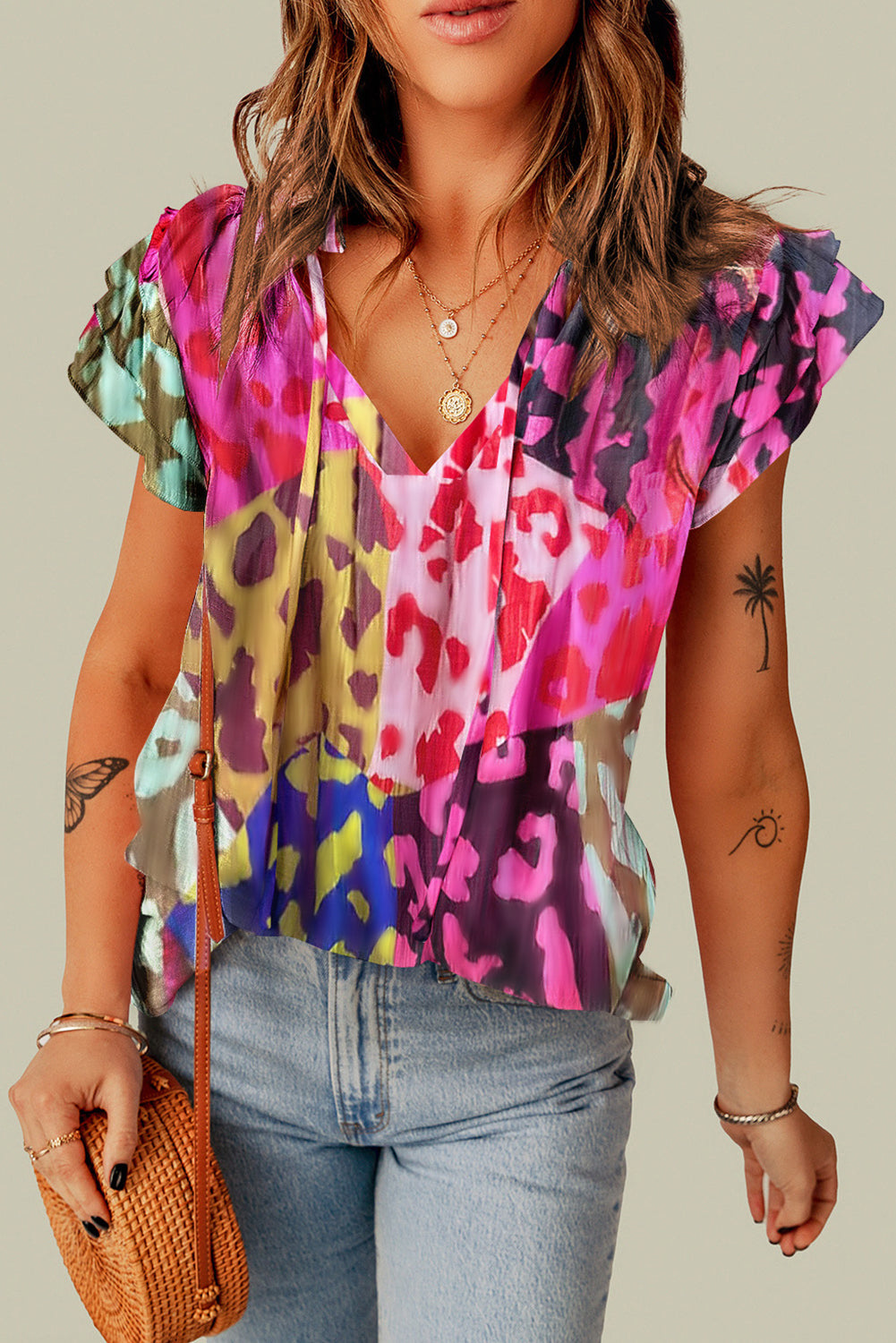 Rose Leopard Flutter Sleeve V Neck Crinkled Blouse eAura