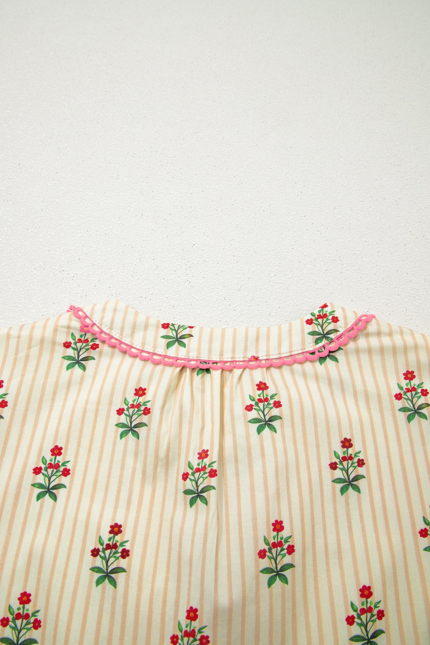 Striped Floral Print Contrast Detail Ruffle Hem Short Dress