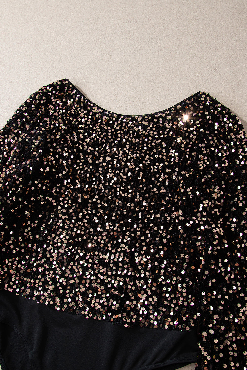 Black Deep V-Back Sequin Puff Sleeve Bodysuit - eAura