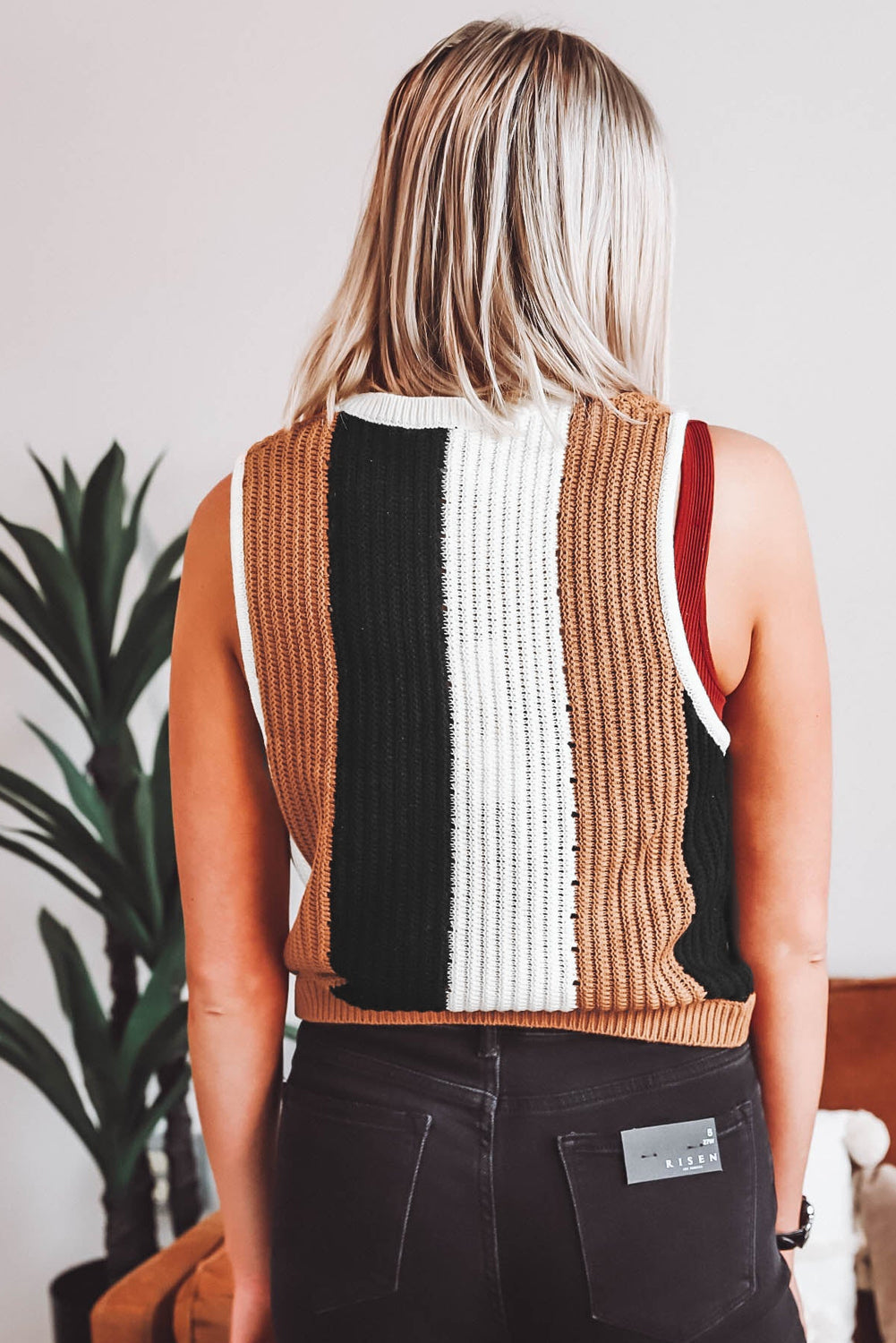 Khaki Stripe Colour Block Sleeveless Knitted Sweater Vest eAura
