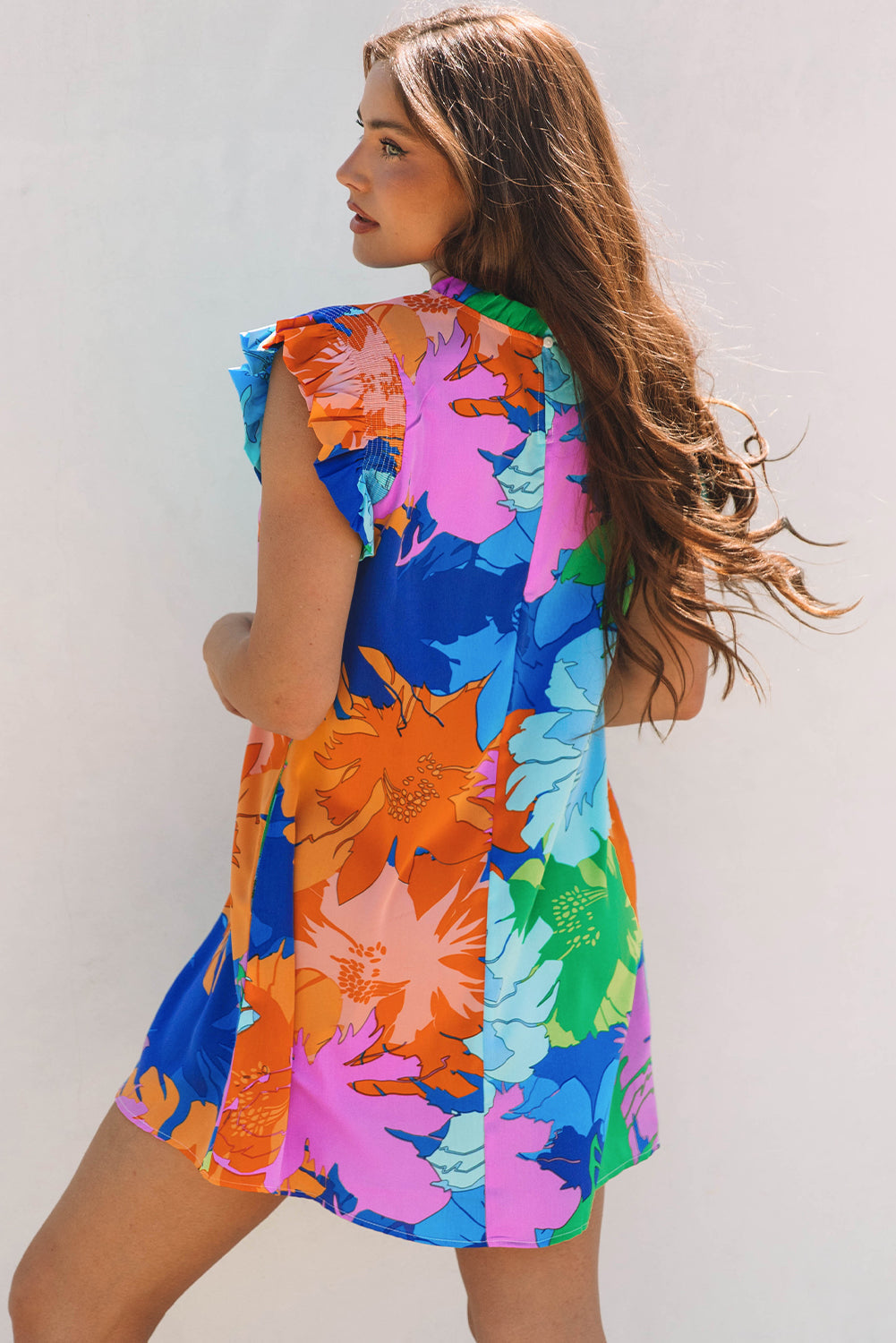 Blue Bold Floral Flutter Sleeve Shift Mini Dress with Pockets eAura