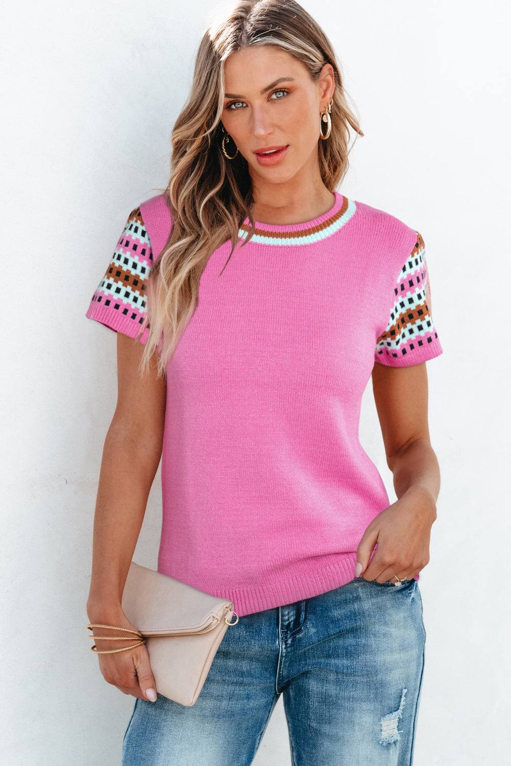 Bright Pink Contrast Printed Cap Sleeves Crewneck Sweater eAura