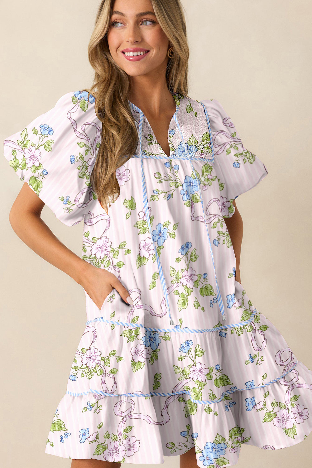 Floral Striped Print Contrast Trim Tie Split Neck Mini Dress eAura